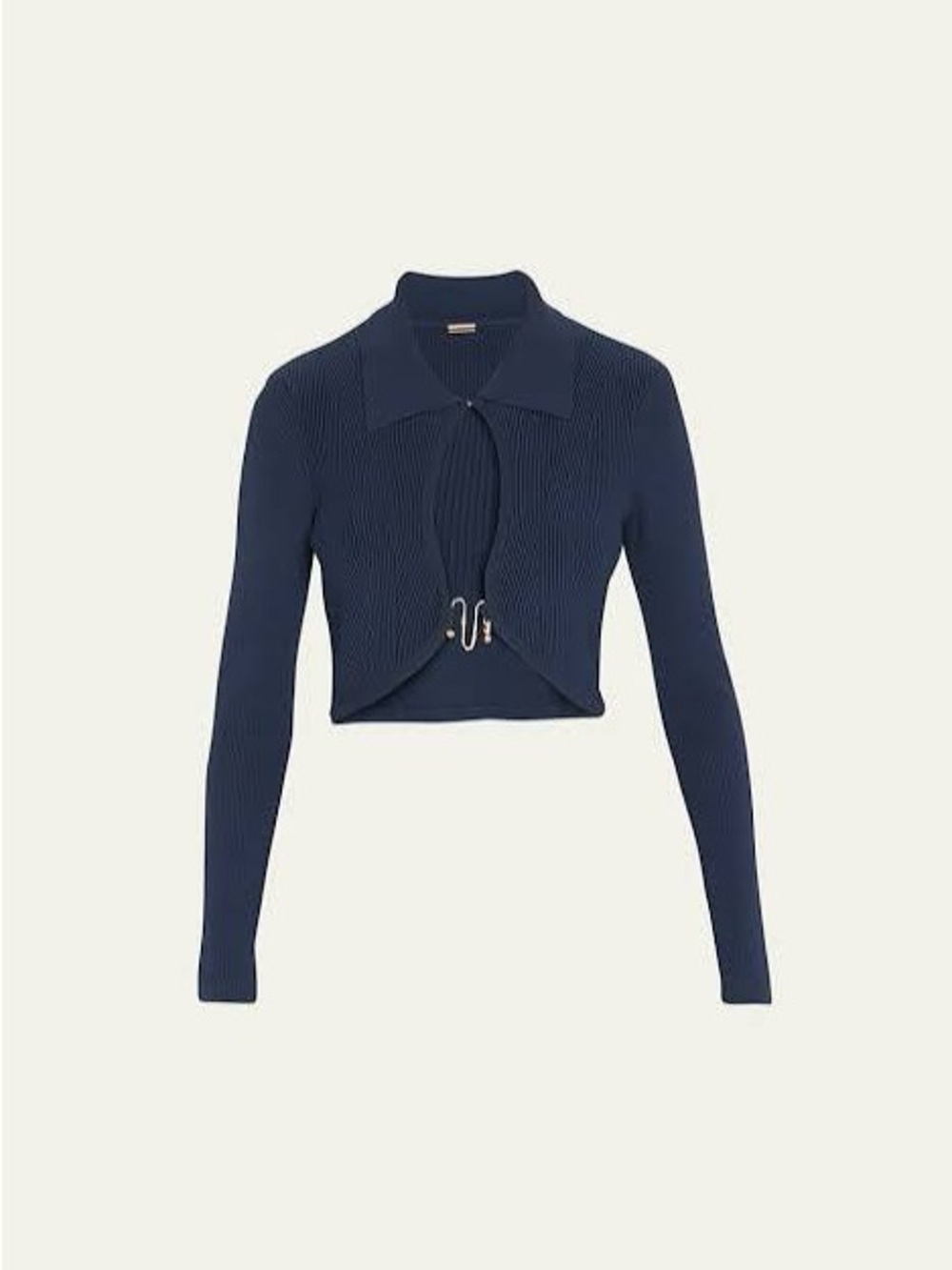 cult gaia Navy Ribbed Cropped Hook-Front Top with Collar